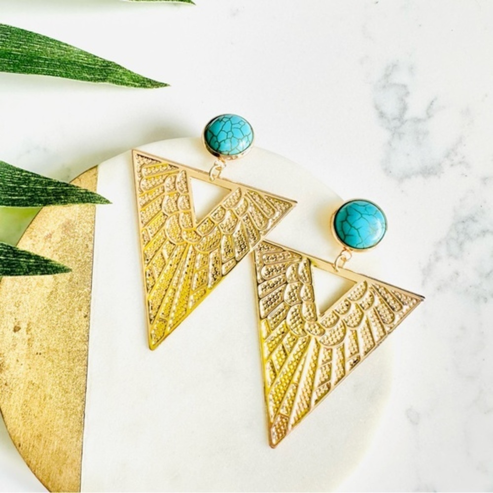Gold & Turquoise Geo Tribal Earrings Boho Bohemian Southwestern Jewelry NEW